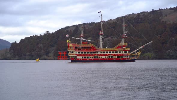 Hakone pirate ship or boat, Hakone Jinja Heiwa no Torii with lake