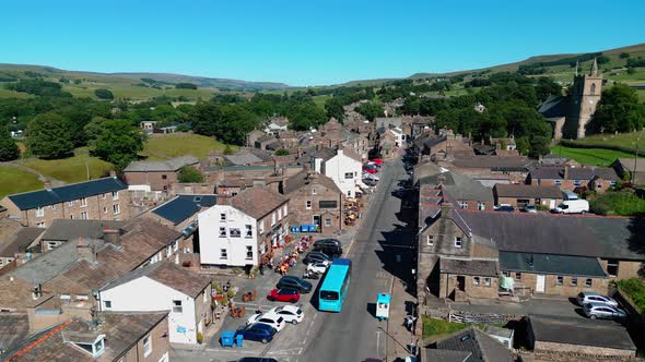 Drone, ariel footage of Hawes a small rural market town and civil parish in the Richmondshire distri