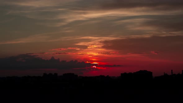 Sunrise Over City, Closeup on Modern Downtown Skyline Buildings Silhouettes