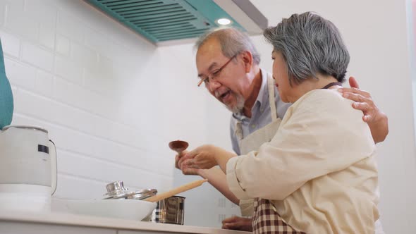 Asian Grandfather cooking salad dish with grandmother with happiness and smile enjoy retirement life