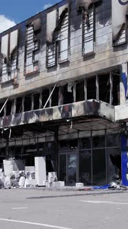 Vertical Video of a Burnt Shopping Center During the War in Bucha Ukraine