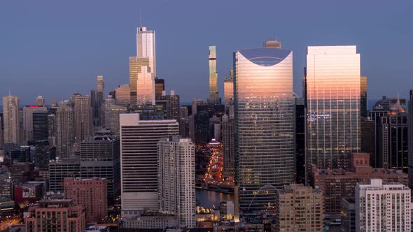 Aerial View of Chicago Riverwalk at Blue Hour