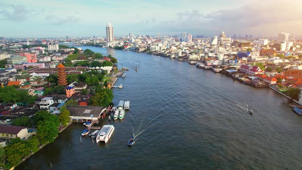 4K : Aerial view over Bangkok city and Chao phraya river