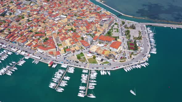 Lefkada, Greece. Aerial view of Lefkada town and marina on the Ionian island. Sailboats in the harbo