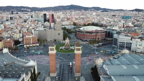 Barcelona Panorama with Residential Areas and Spain Square Aerial View