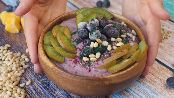 Healthy Food Concept. Vegan Smoothie Bowl With Berries, Fruits, Nuts And Superfoods. 