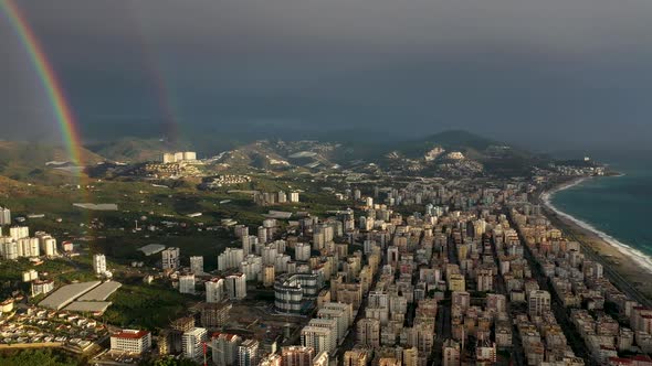 Rainbow at Sea and City Aerial View 4 K