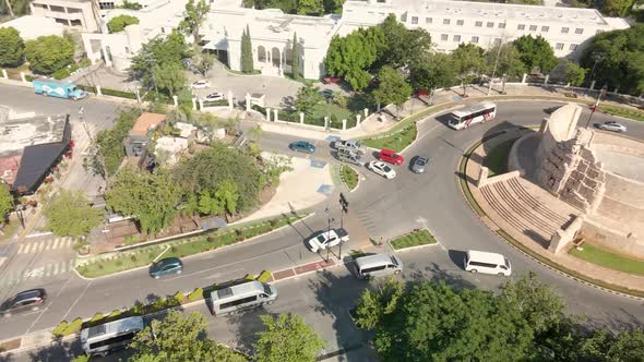 Aerial orbital view of roundabout in yucatan