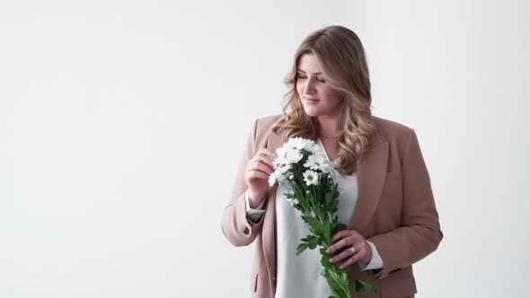 Anniversary Greeting Overweight Woman with Flowers