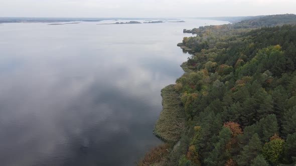 Beautiful Aerial View of the River Dnipro. Ukraine, Slow Motion