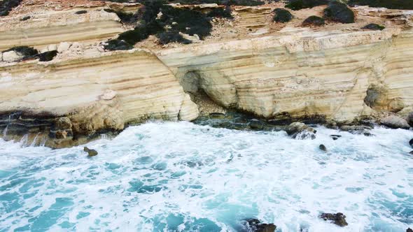 Pure Blue Ocean Water Waves Crash Mountain Beautiful Aerial Top View Landscape Cyprus