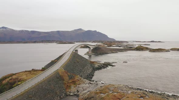 Aerial View Of Spectacular Storeseisundet Bridge at Atlantic Ocean Road in More And Romsdal County,