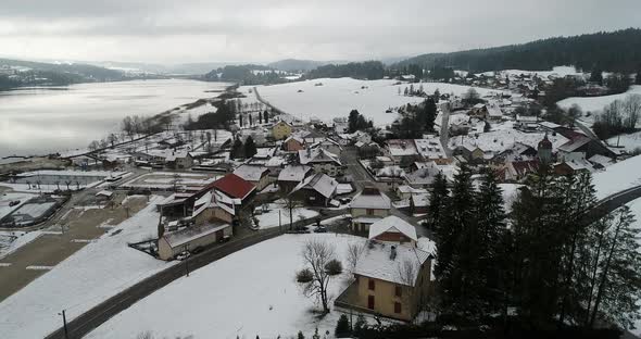 Village of Saint-Point-Lac in Doubs in France seen from the sky