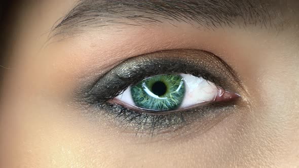 Woman with Beautiful Green Eyes Looks on the Light