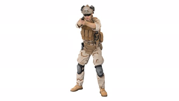 American Soldier with Pistol Aiming and Shooting on White Background.