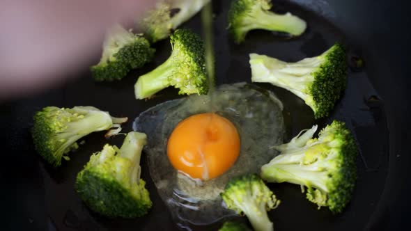 Close Up of an Egg Falling Into a Frying Pan and Cooking with Broccoli