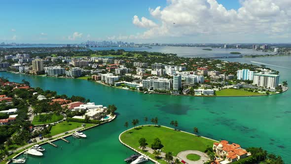 Aerial Miami Beach Scene Bay Harbor Islands 4k Summer 2020