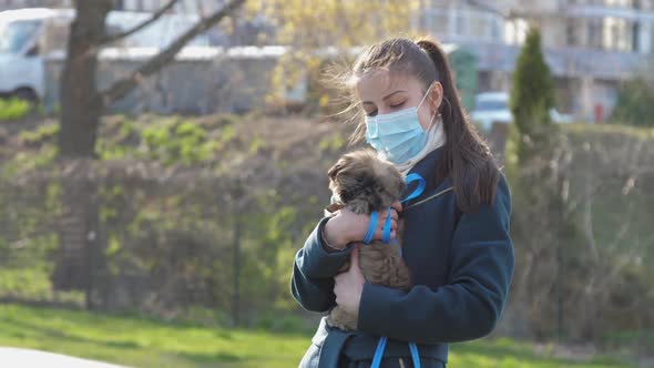 Small Dog with Light Brown Fur Sits in Young Lady Hands