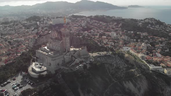 Aerial view of the basilica Notre Dame de la Garde in Marseille. France 2020