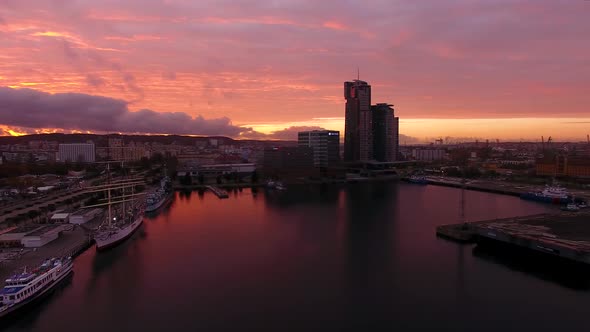 Aerial view of the port of Gdynia in sunset