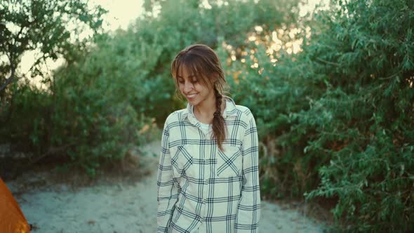 Slow Motion Portrait of Carefree Beautiful Ukrainian Woman Hipster Enjoying Walk Outdoors in Green