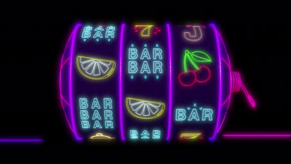 Neon Slot Machine Hitting a 777 Jackpot