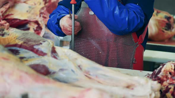 A Person Cuts Pork at Slaughterhouse