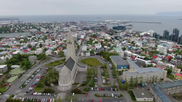 Aerial footage of Hallgrimskirkja church in Reykjavik, Iceland
