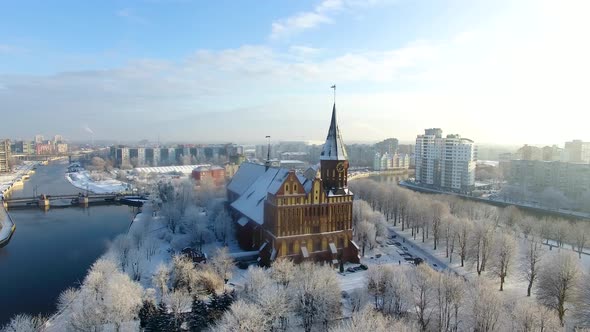 Aerial view of the Cathedral in Kaliningrad in the wintertime