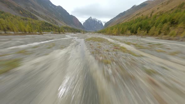 FPV Sports Drone Speed Low Flight Over Beds Mountain River Amazing Nature Valley Autumn Cloudscape