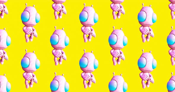 4k motion design. 3d animation seamless pattern. Funny alien in abstract space