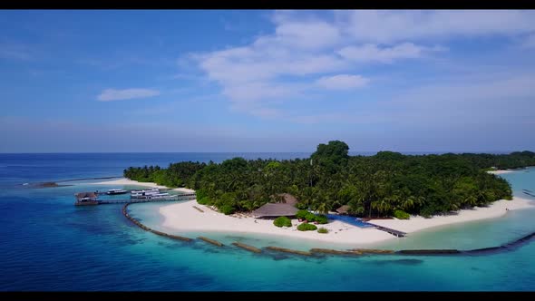 Aerial abstract of tranquil tourist beach lifestyle by transparent sea with white sand background of