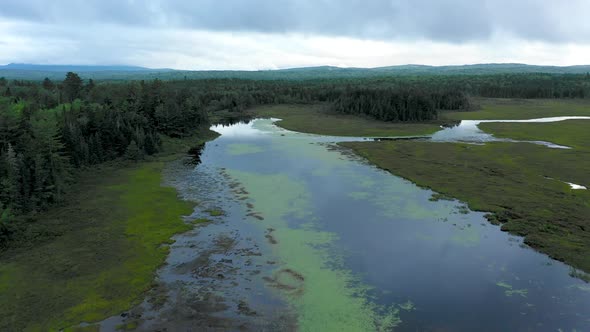 Aerial shot over the green murky waters of Shirley Bog winding through the Maine countryside surroun