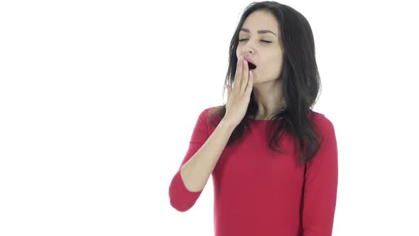 Yawning Beautiful Brunette Woman , Napping , White Background