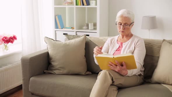 Senior Woman in Glasses Reading Book at Home