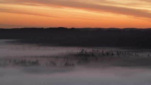 Aerial view of landscape with fog at sunrise, Pupplinger Au