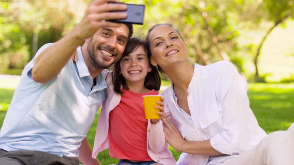 Family Having Picnic and Taking Selfie at Park