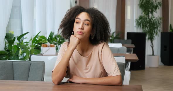 Portrait of Beautiful Sensual Pensive Millennial Girl Afro American Woman with Curly Hairstyle