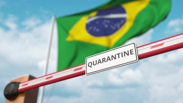 Open Boom Gate with QUARANTINE Sign Near Flag of Brazil alt