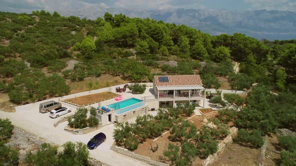 Aerial view of villa with swimming pool, Sumartin, Brac island, Croatia.