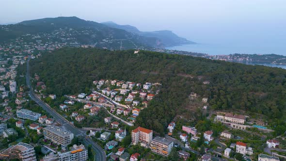 Aerial shot of Mont Boron hill in Nice, Cote d'Azur, France