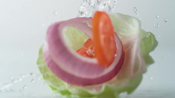 Fresh sliced vegetables falling on water surface. Slow Motion.