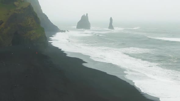 Reynisdrangar Rocks, Reynisfjara Beach. Iceland. Aerial View