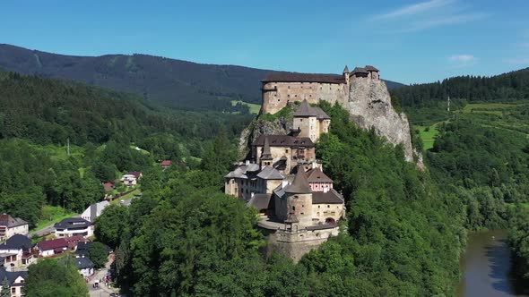 Aerial view of Oravsky castle in Oravsky Podzamok village in Slovakia