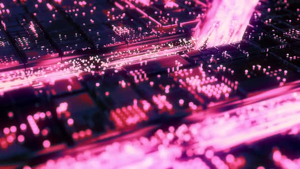 Abstract Scifi Circuit Board with Chips and Violet Light Optical Data Signals