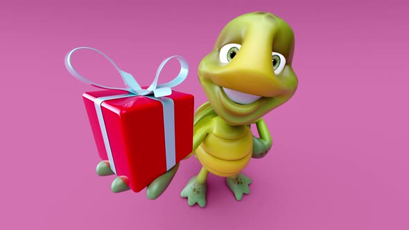 4K Fun 3D cartoon animation of a turtle with a gift