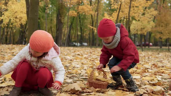 Two Happy Funny Children Kids Boy Girl Walking in Park Forest Enjoying Autumn Fall Nature Weather