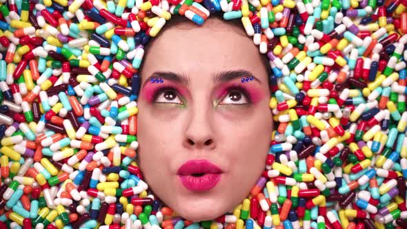 Beautiful girl acting inside a colored background made with pills