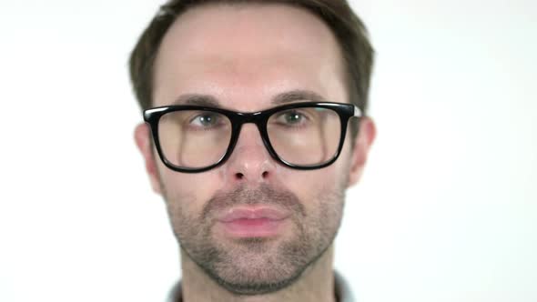 Face Close Up of Man in Glasses White Background