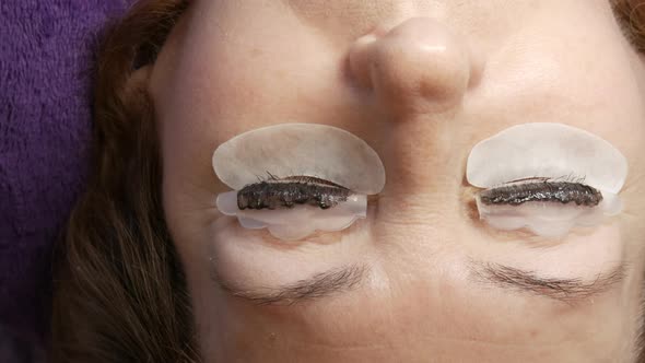 Adult Woman Face on Modern Eyelash Lamination Procedure in a Professional Beauty Salon